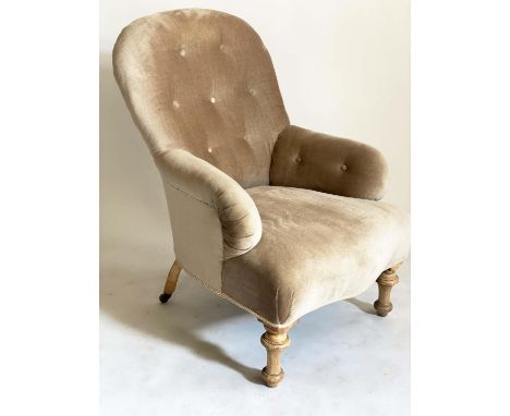 ARMCHAIR, Victorian fruitwood with mushroom velvet button upholstery and turned front supports, 72cm W. 