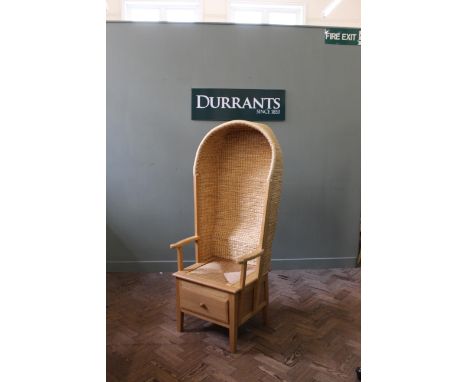 A Fraser Anderson handmade Orkney chair, hooded with single drawer, in light oak
