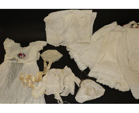 Assorted Late 19th/Early 20th Century Children's Christening Gowns and Day Dress, including four white cotton gowns with shor