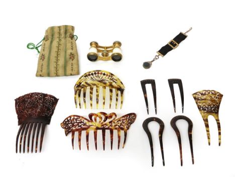 A Pair of Enamel Decorated Opera Glasses, on gilt metal mounts with drawstring bag; 9ct Gold Fob; Faux Tortoiseshell Hair Com