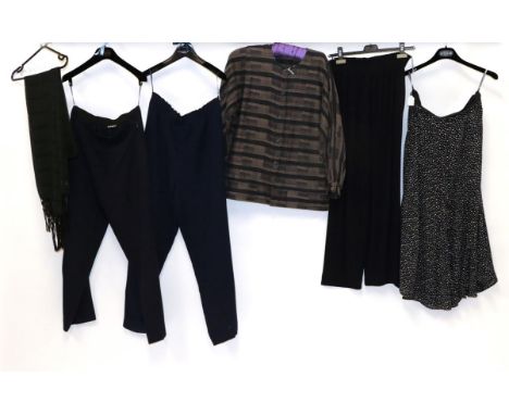 Collection of Modern Jean Muir Ladies' Clothing, comprising a green wool crepe jacket with long sleeves, scoop neck, four but
