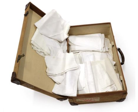 Quantity of Assorted White Linens, comprising damask table cloths including an Art Nouveau stylised woven cloth, linen hand t