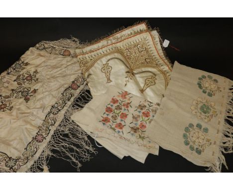 Late 19th Century Ottoman Linen Towel, embroidered with three cream and blue flowerheads to each end, 100cm by 47cm; Another 