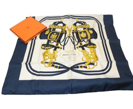 Hermes Silk Scarf 'Brides de Gala', on a white ground and navy border, 89cm square, in original box.    Small/light mark to t