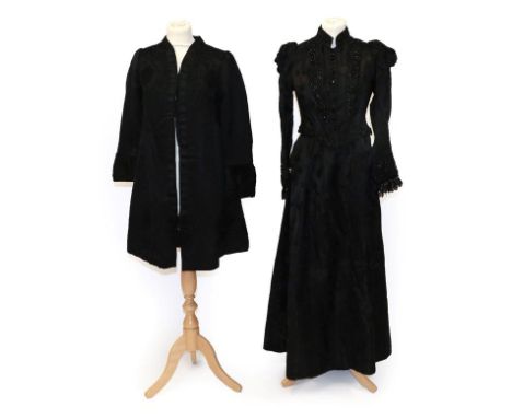 Victorian Costume, including a black figured silk two-piece of fitted bodice with long sleeves, button fastening to the front