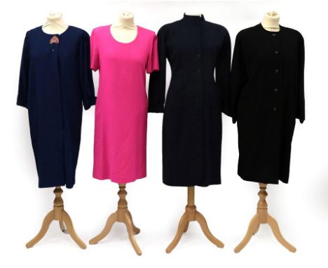 Modern Jean Muir Costume, comprising a bright pink wool shift dress, scoop neck (size 10); a Your Studio blue wool dress with