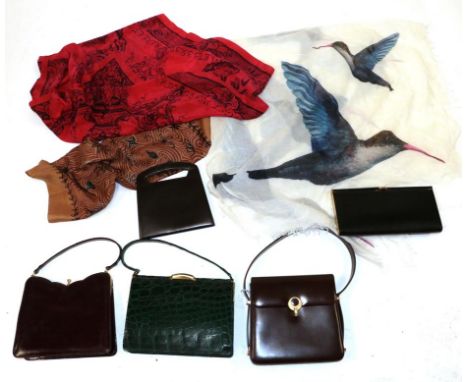 Assorted Handbags and Scarves, comprising a Timney Fowler red silk scarf depicting classical designs, (size 85cm by 90cm); a 
