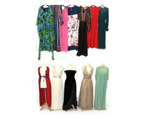 Circa 1970s Ladies' Evening Wear, comprising Jean Varon dresses including a floaty blue and green dress with flared exaggerat