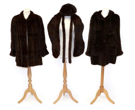 Brown Chevron Striped Light Fur Hooded Jacket, with drawstring to the neck mounted with pom poms, patch pockets, long sleeves