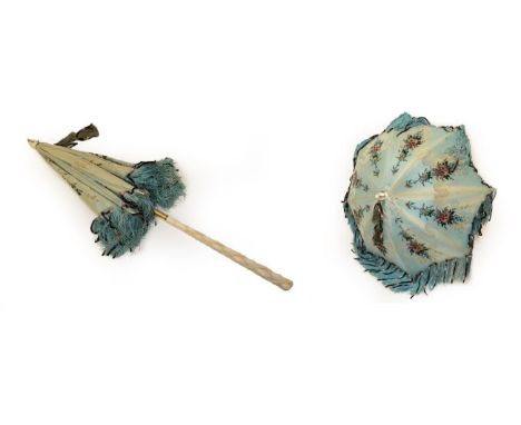 Late 19th Century Folding Parasol with Carved Ivory Handle, with a blue silk mount flocked with velvet floral motifs, silk ta