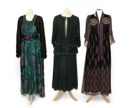 Circa 1960-70s Ladies' Costume, comprising a Jean Muir London green suede jacket with open placket, round neckline, patch poc