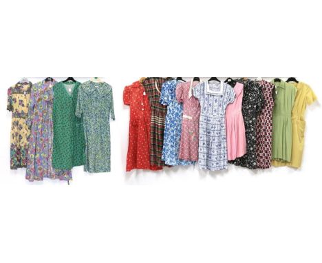 Circa 1940-50s Cotton Day Dresses and Other Items, comprising cotton floral printed long sleeve round day robe in mauve and p