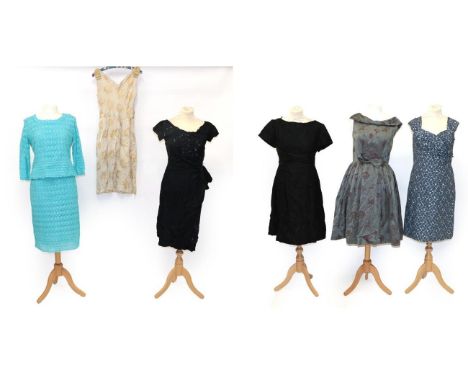 Assorted Circa 1950-60s Ladies' Cocktail and Evening Wear, comprising a Dermore of Mayfair blue cotton lace mounted two piece