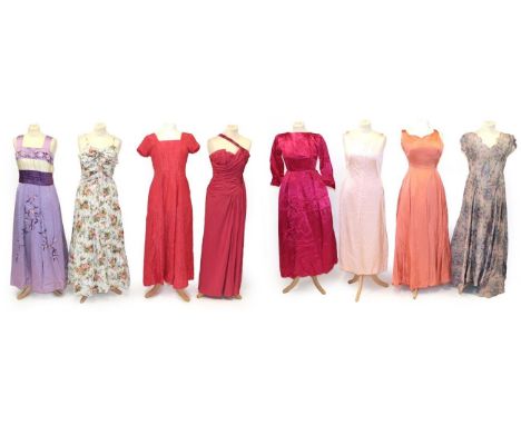 Assorted Circa 1950-60s Full Length Evening Dresses, comprising a floral cotton mounted sleeveless dress with spaghetti strap