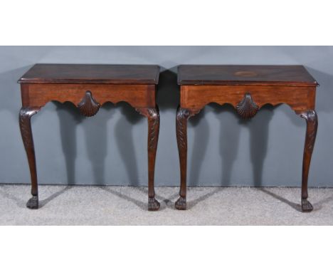 A Pair of Late 18th Century Console Tables, in the manner of William Kent, with moulded edge to top, the shaped front frieze 