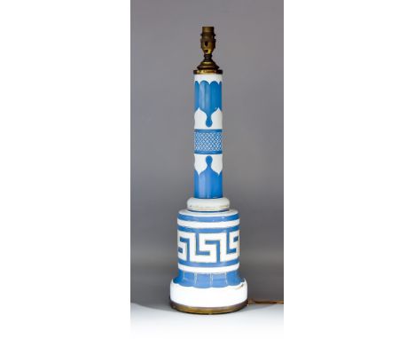A Blue and White Painted Glass Table Lamp,with Greek key decoration and gilt metal rim to base, 23ins overall