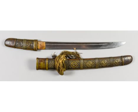 A Japanese Tanto, 20th Century, 12ins bright steel blade with cloud Hamon, brass hilt and scabbard decorated with floral moti