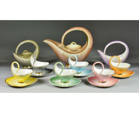 Casini Sesto Fiorentino Harlequin Tea Service, Circa 1950s - lustre glazed, comprising - teapot and cover 7ins high overall, 