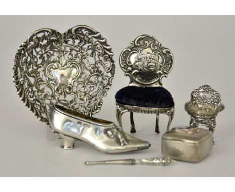 An Edward VII Silver Shoe Pattern Pin Cushion Holder and Mixed Silver, the pin cushion by Levi &amp; Salaman, Birmingham 1904