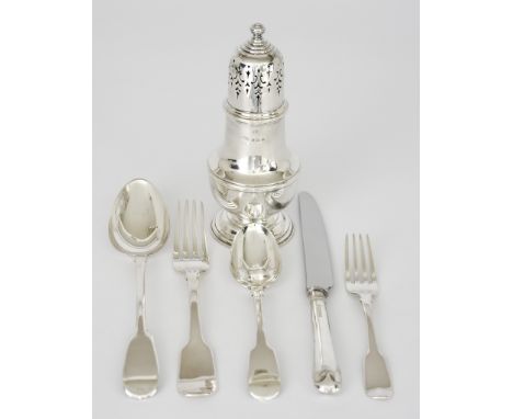A George V Silver Sugar Caster and Mixed Silver, the sugar caster by William Suckling Ltd., Birmingham 1931, with turned fini