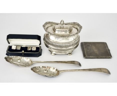 An Edward VII Silver Oval Tea Caddy and Mixed Silver, the tea caddy by George Nathan and Ridley Hayes, Chester 1901, with gad