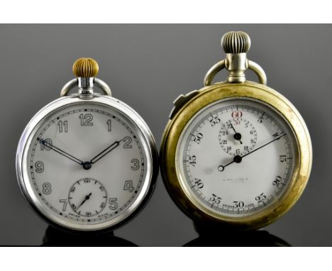 A Military Keyless Pocket Watch, marked to the rear road arrow over G.S.T.P. over M270, plated case, 52mm diameter, white ena