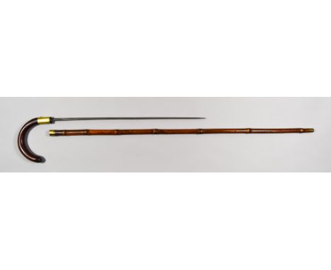 A Victorian Sword Stick, in the form of a walking stick, 19ins triangular bright steel blade, brass ferrule (possible later r