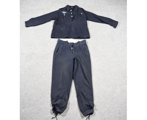 A German World War II Youth Trousers and Battle Dress Blouse, navy blue with alloy buttons
