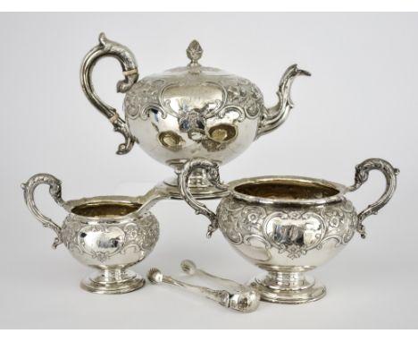 An Early Victorian Scottish Silver Circular Bulbous Three-Piece Tea Service, by Mackay &amp; Chisholm, Edinburgh 1838, chased