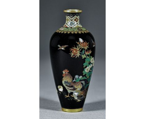 A Fine Japanese Cloisonne Enamel Ovoid Vase, Meiji Period, signed Namikawa Yasuyuki (1845-1927), decorated with a cockerel, h