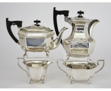 An Elizabeth II Silver Octagonal Four-Piece Tea Service, by Viner's Ltd. Sheffield 1956 and 1957, with angular handles and on