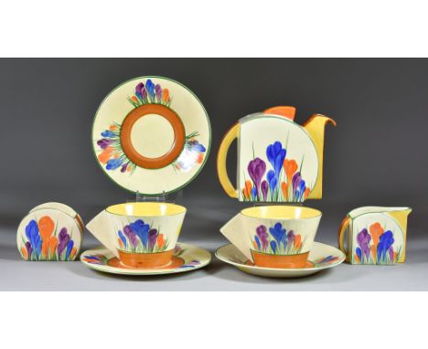 A Clarice Cliff Bizarre Stamford Breakfast Service in Crocus, Circa 1930-32, comprising -  teapot 5ins high overall, two tea 