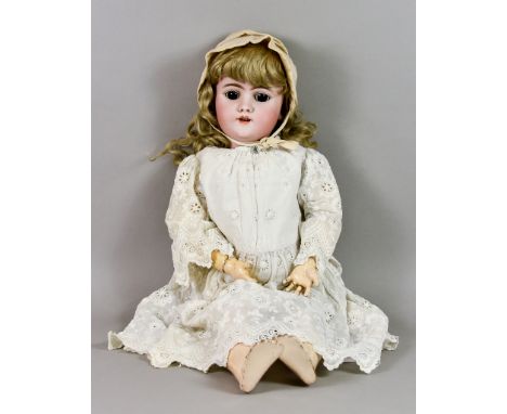 A Heinrich Handwerck Bisque-Headed Doll, Late 19th/Early 20th Century, 22ins high, with blonde curly wig, brown sleeping eyes