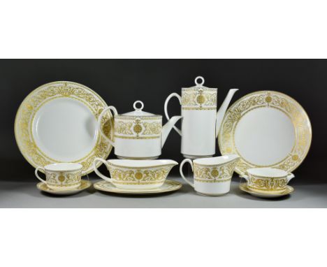 A Royal Worcester "Hyde Park" Pattern Part Dinner and Tea Service, comprising - oval platter, sauce-boat on stand, tureen and