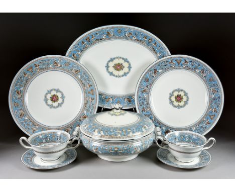A Wedgwood Bone China "Florentine" Turquoise Patterned Part Dinner Service, comprising - one meat plate, one sauce boat and p
