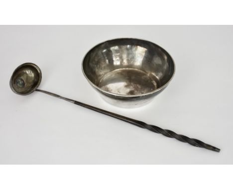 An Elizabeth II Planished Silver Circular Bowl and 18th Century Silvery Metal Punch Ladle, the bowl by C. F. K. M., London 19