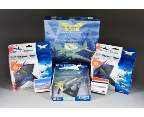 Four "Aviation Archive" Corgi Die Cast Model Planes, comprising - "Hawker Hurricane MK1", "Spitfire MK1", " Messerschmitt 109