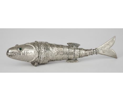 A Continental White Metal Articulated Fish Table Lighter, with green glass eyes, 9.5ins overall