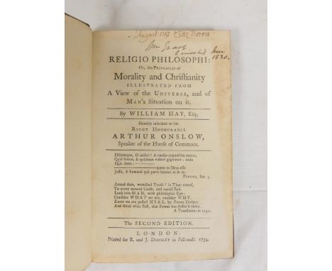 HAY WILLIAM.&nbsp;&nbsp;Religio Philosophi or The Principles of Morality &amp; Christianity Illustrated from a View of the Un