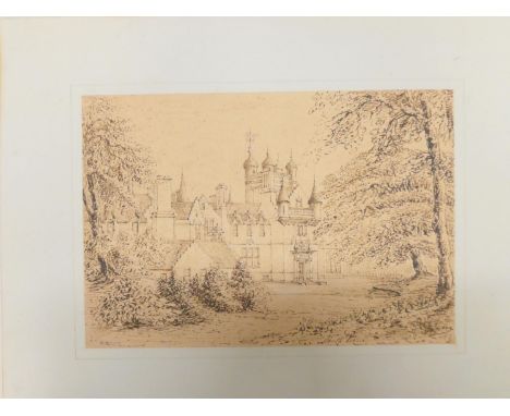 ARTIST UNKNOWN.&nbsp;&nbsp;Pair of detailed pen &amp; ink drawings, the south view &amp; the north view of a Scottish baronia