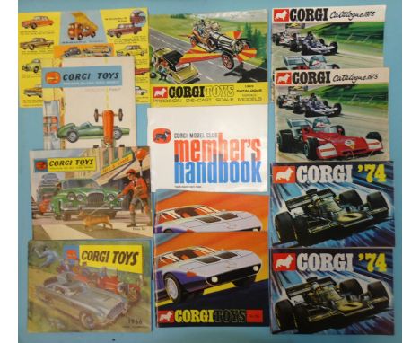 Corgi catalogues: 1959, 1962, 1966, 1967, 1969, 1970 (x2), 1973 (x2), 1974 (x2) and a 1960's leaflet, (12).