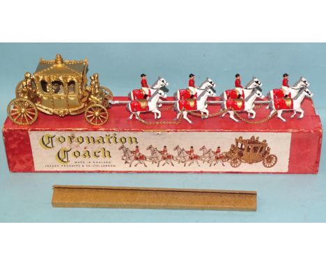 An early Moke Lesney Toys large-scale coronation coach, a rare version with figures of king and queen, gold-painted, (very sl