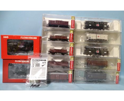 Fleischmann HO gauge, two steam locomotives no.s 400602 and 407001, two Red Cross coaches and eight wagons, (all boxed), with