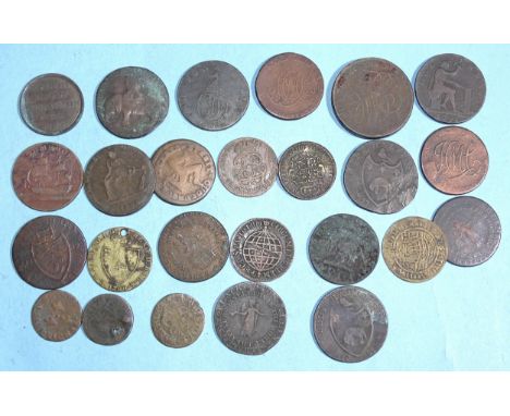 A 17th century Arms of Bristol copper farthing token (date rubbed) and a collection of various 18th century copper tokens, in