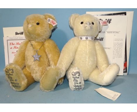 Steiff, teddy bears "Krystal", white, with Swarovski collar and "Krystopher" with Swarovski star, both with tags and certific