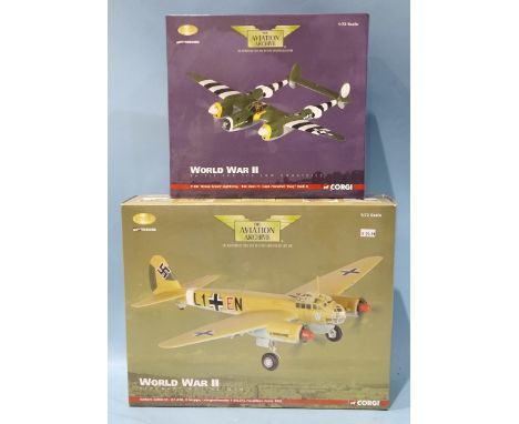 Corgi, Aviation Archive, two 1:72-scale models: AA36701 WWII Junkers JU88A and AA36602 WWII P-38J "Droop Snoot" Lightning, (b