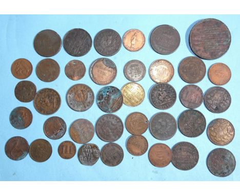 A collection of world tokens and jettons, etc, including Gibraltar 1802 two-quarts and one-quart tokens payable at R Keelings