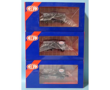Heljan, O gauge, three 'B' tank wagons:1002 Waste Fuel Oil and 1007 Esso (black without full branding), (x2), all boxed, (3).