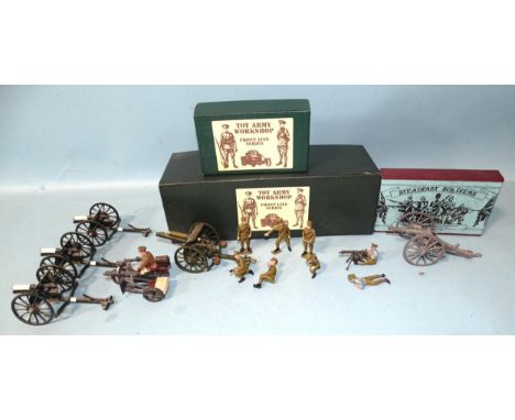 Toy Army Workshop, Set 51, 18lb field gun with six-man gun crew in tunics, (boxed), possibly part of Set 8, Vickers Machine G