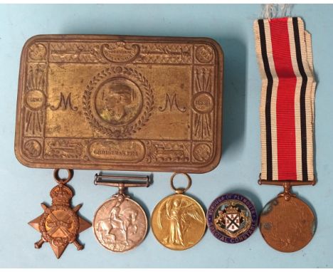 A WWI group of three medals awarded to 10001 Pte A V Gilbert Devon Rgt: 1914-15 Star, British War Medal and Victory Medal, al